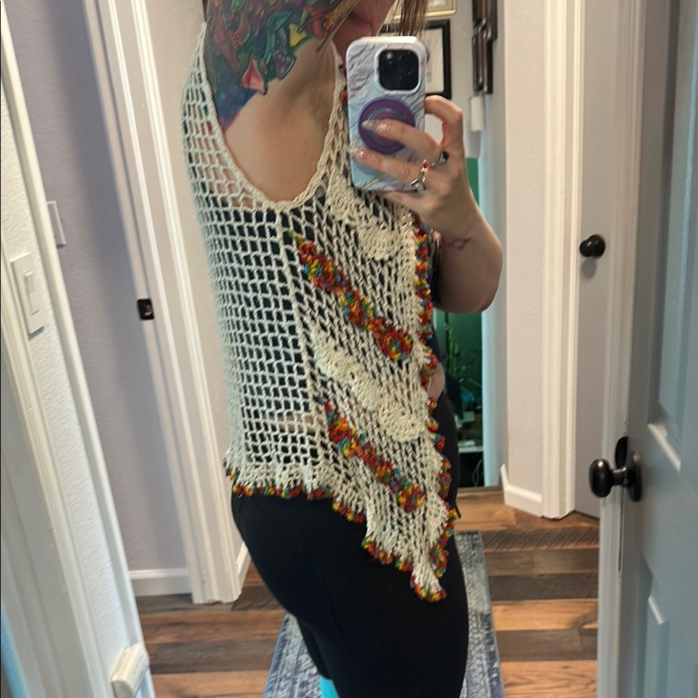 Boho Crochet Vest with Multicolor Trim